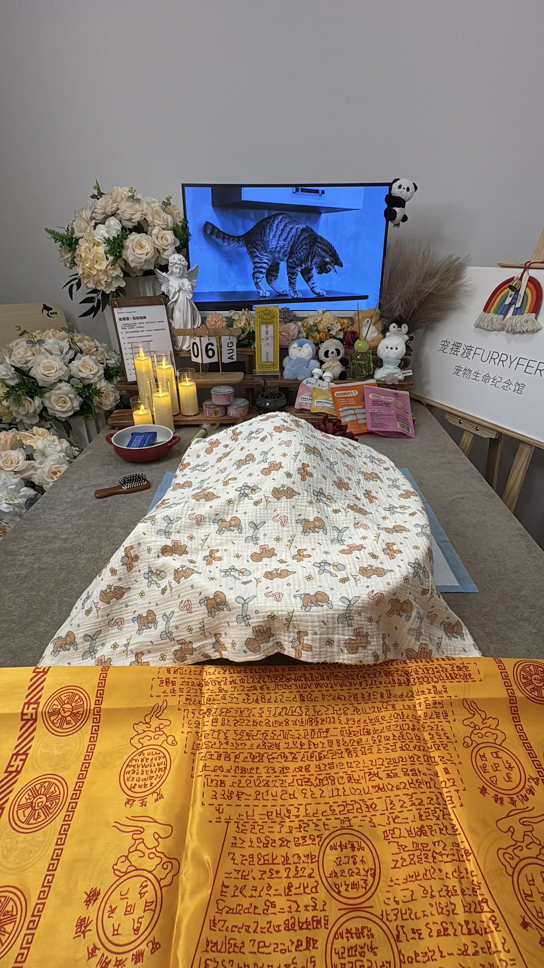 郑州宠物告别仪式中的鲜花与纪念照片